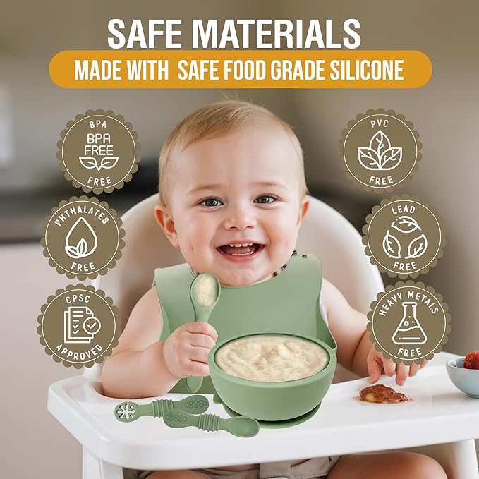 HippoBaby 6 Piece Baby Bowls With Suction and Lids | Toddler Bowl Set with 1 Bowl, 1 Bib, 2 Baby Spoons, 1 Large Spoon, 1 Large Fork, Baby Feeding Essentials (1, Cream)