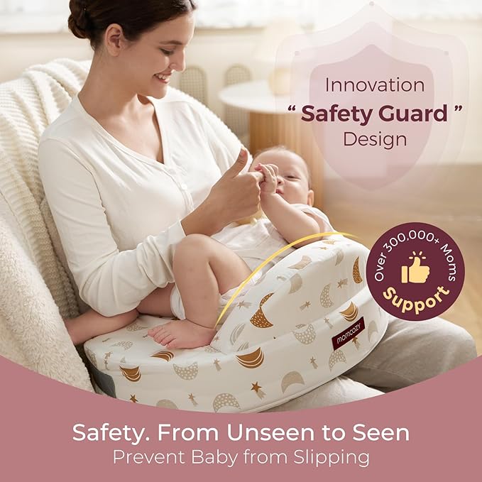Momcozy Innovative Safety Guard Nursing Pillow - Firm & Springy Memory Foam - Stable, Ergonomic Support & Comfort - Wider Breastfeeding Cushion, Adjustable, Removable Cover, Baby Safety Certified