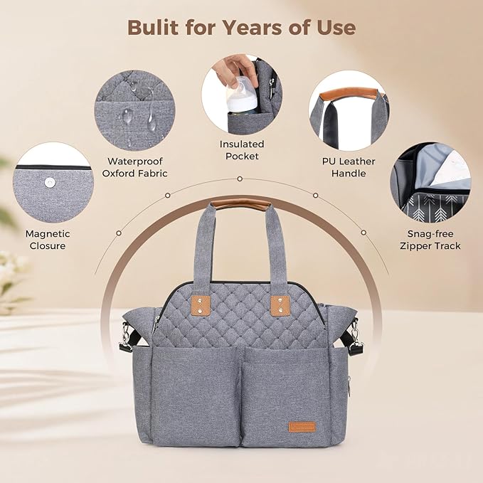 Lekebaby Diaper Bag Tote for Baby - 17 Pockets Large Travel Diaper Tote with Portable Changing Pad, Mom Crossbody Hospital Bag for Labor Delivery, Waterproof, Baby Essentials for Newborn Gifts, Grey
