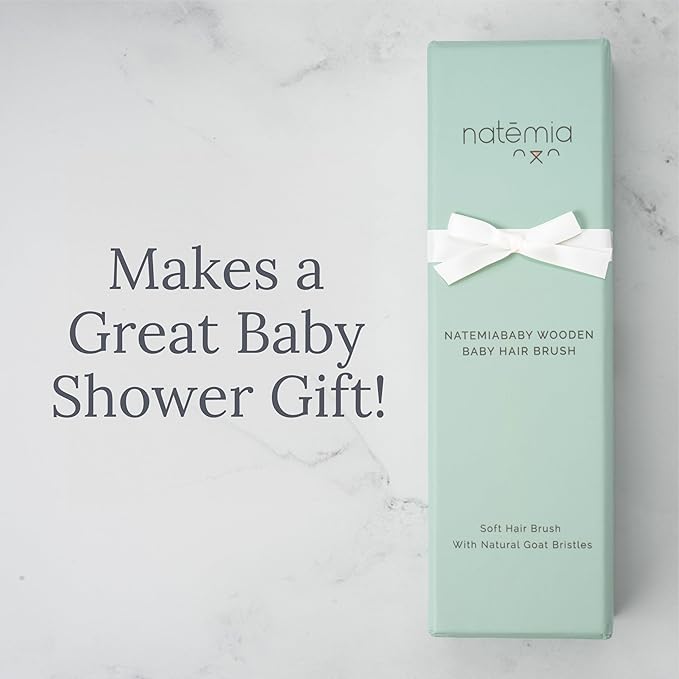 Natemia Wooden Baby Hair Brush - Natural Goat Hair Bristles - Gentle Soft Bristles for Scalp Massage - Cradle Cap Comb for Flake Removal - For Baby Grooming Kit & Toddler Hair Brush