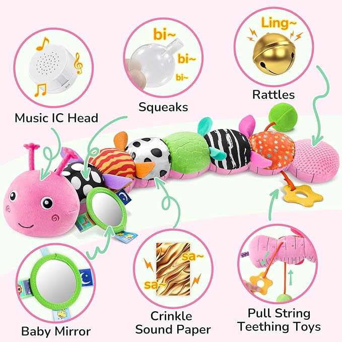 AWOTOY Baby Toys 6-12 Months Music Caterpillar Infant Toys Stuffed Animals 0-3-6 Months Teething Tummy Time Sensory Toys with Mirror Rattle&Pull String for Boys Girls Birthday Gifts|Candy Pink,Leafy