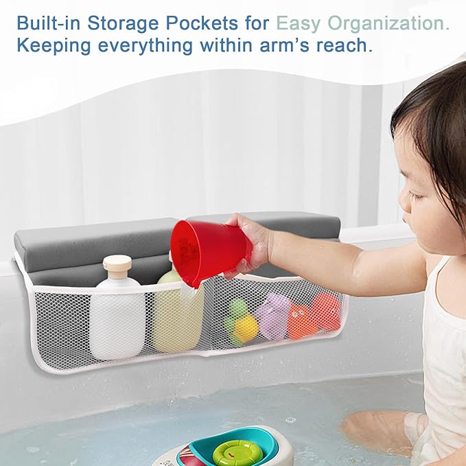 Roslim Bath Kneeler and Elbow Rest Pad Set - Quick Dry Soft Bath Mat Bundle - Non-Slip Durable Foam Kneeling Pads for Bathing, Tub Arm Rest with Toy Storage Pockets - Machine Washable, Grey