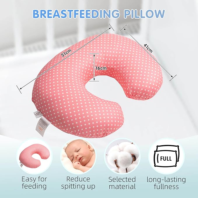 LAT Nursing Pillow for Breastfeeding,100% Cotton Removable Cover,Ergonomic Breast Feeding Pillows for Mom and Baby,Machine Washable(Pink+White Point)