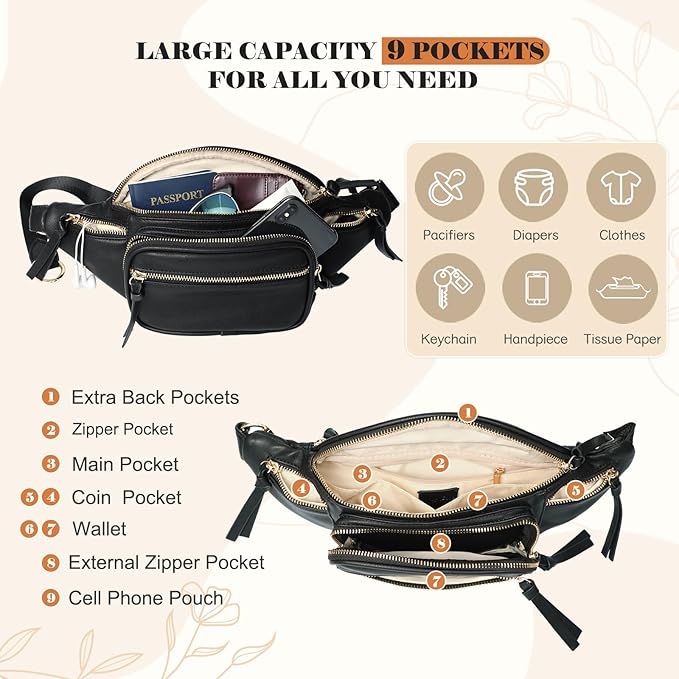 miss fong Small Diaper Bag - Leather Fanny Packs for Women, Mini Diaper Belt Bag, Mini Diaper Tote Bag with 9 Pockets Sling Diaper Bag for Women