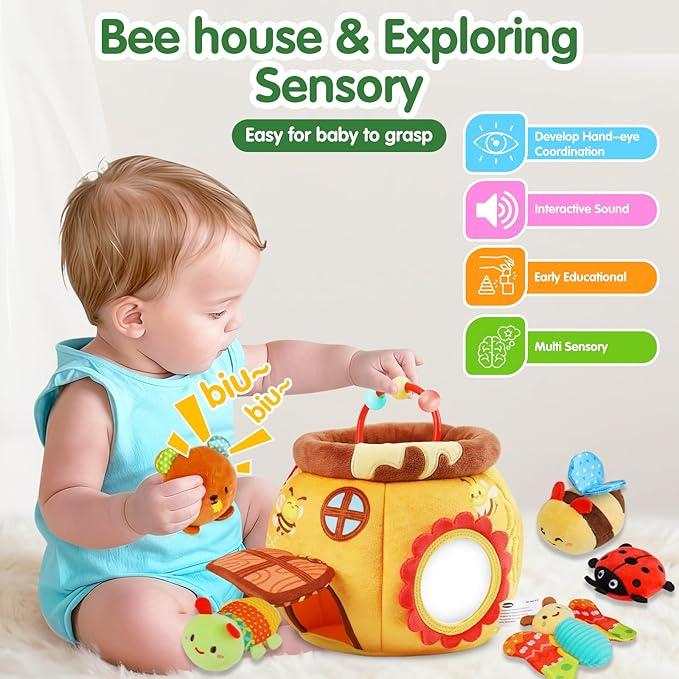 Baby Toys 6-12 Months - Soft Beehive with 5 Sensory Stuffed Animals, Rattle, Crinkle & Mirror, Montessori Toys for 6 7 8 9 10 Month Old Baby Boy Girl Valentines Gifts Easter Basket Stuffers Ages 0-2