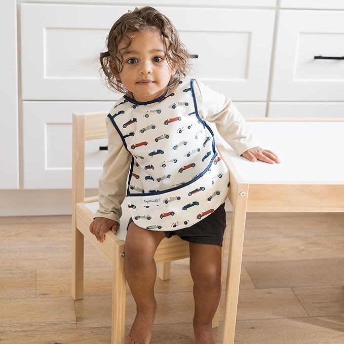 Tiny Twinkle Mess Proof Baby Bib for Girls | Waterproof Toddler Bib for Eating | Baby Apron for Feeding | Machine Washable | Perfect Shower Gift (Vintage Cars, 6–24M)