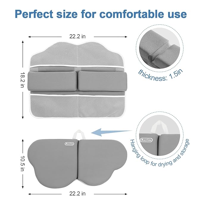 Roslim Bath Kneeler and Elbow Rest Pad Set - Quick Dry Soft Bath Mat Bundle - Non-Slip Durable Foam Kneeling Pads for Bathing, Tub Arm Rest with Toy Storage Pockets - Machine Washable, Grey