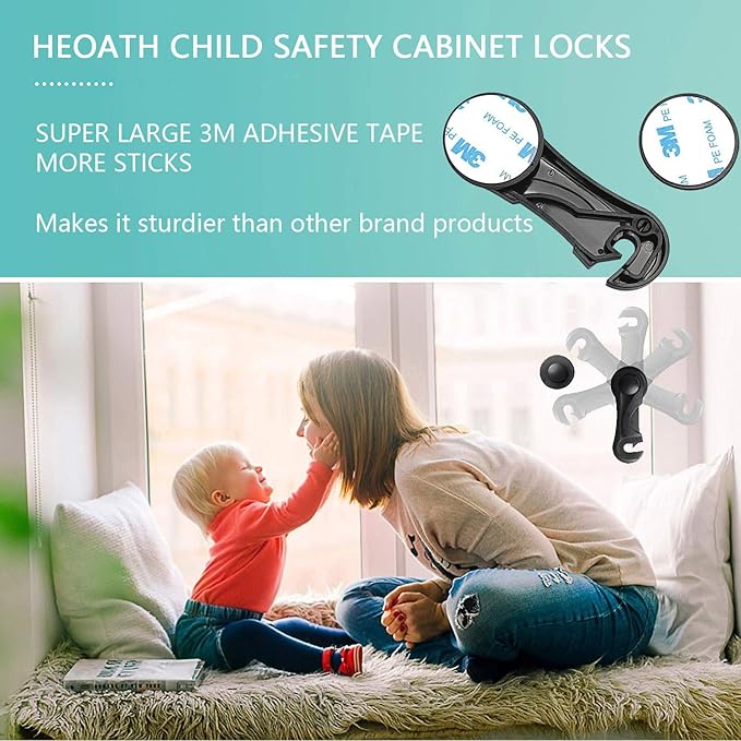 Child Safety Cabinet Locks (10 Pack) - Baby Proofing Latches Lock for Drawers, Toilet Seat, Fridge, Oven with 10 Extra 3M Adhesives (Black)