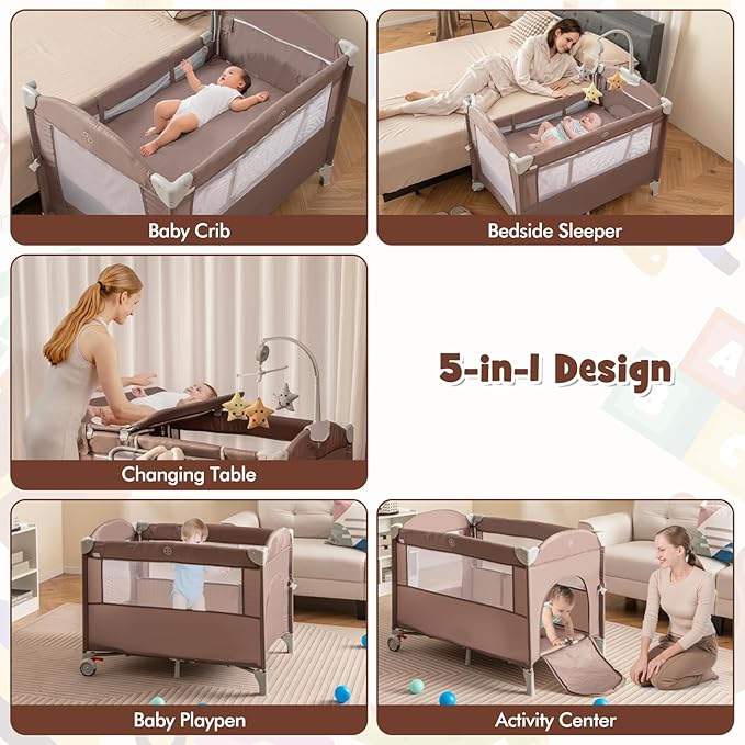 HONEY JOY Pack and Play with Bassinet, 5-in-1 Baby Bedside Sleeper w/Diaper Changing Table & Storage Bag, Toy Arch & Music Box, Detachable Side Rail, Portable Baby Play Yard w/Carry Bag(Coffee)