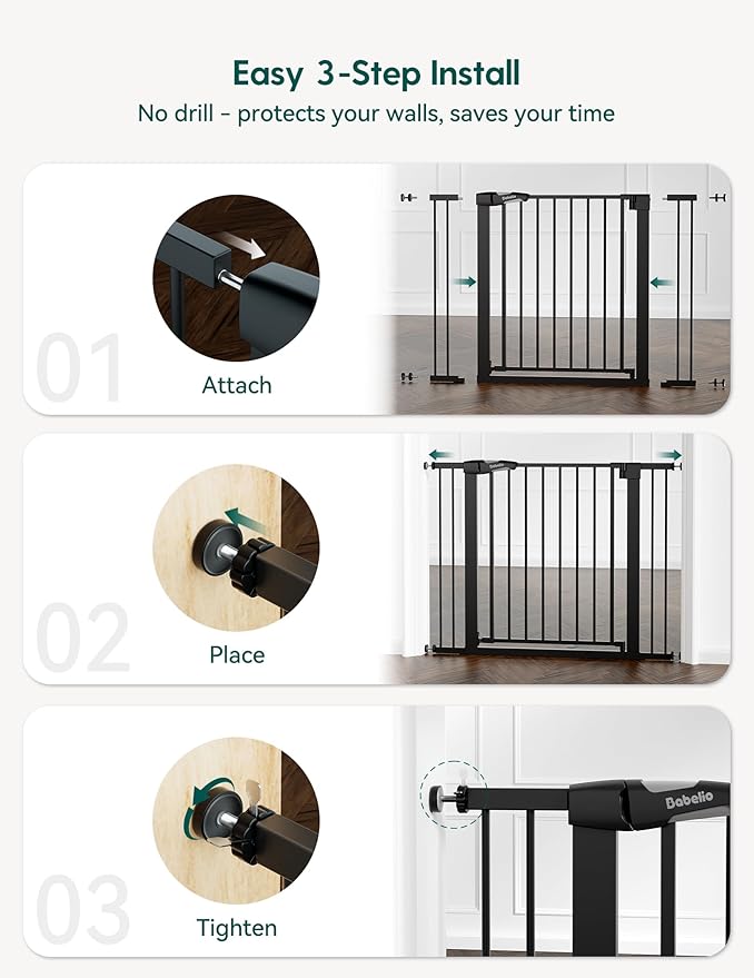Babelio Baby Gate for Doorways and Stairs, 26-40" Auto Close Dog Gate, PressGuard C5, Easy-Install Pressure Mounted Satey Door, No Drilling Safety Gate for Child and Pets, Black