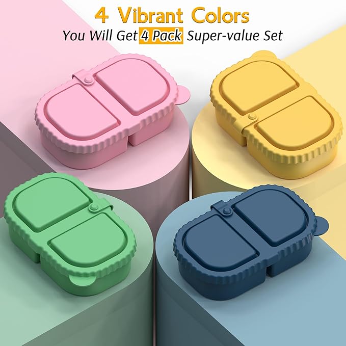 4 Pack Silicone Snack Containers with Lids, Double Compartment Snack Containers for Sauce, Reusable Silicone Food Storage Box for Lunch Office Travel