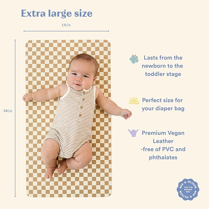 Ava + Oliver Vegan Leather Baby Changing Mat (16 X 30 in) - Multipurpose Wipeable and Portable Diaper Changing Pad - Foldable for Travel (Mocha Checker)