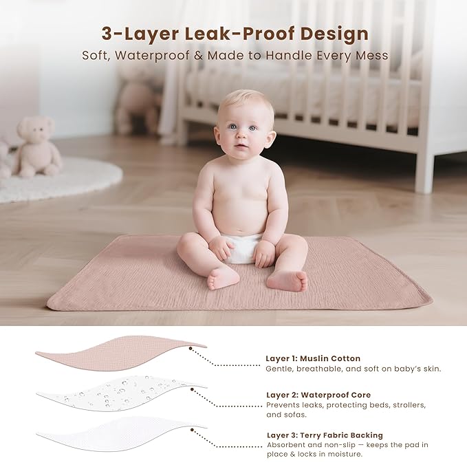 Konssy 2 Pack Waterproof Muslin Cotton Portable Changing Pad 30"x 17", Soft & Foldable Baby Changing Mat Travel Pad with Terry Backing, Shower Gift for Newborn Girls Boys (Taupe,Butterfly Dreams)