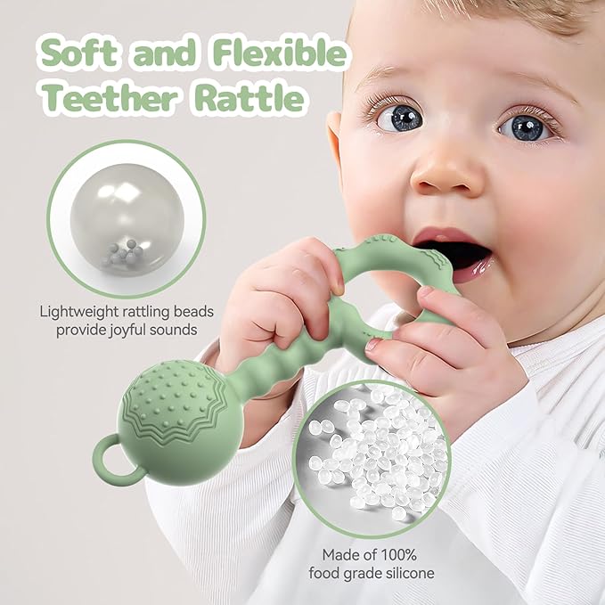 Teethers for Babies 6-12 Months, Baby Rattles 0-6 Months, 2-in-1 Rattle and Teether Toy for Soothing Sore Gums and Keeps Little Ones Entertained, Food Grade Silicone, Green