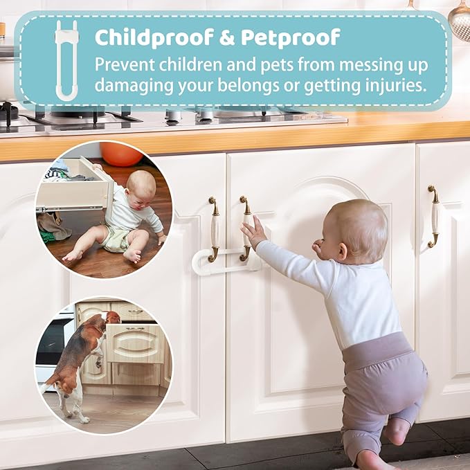 Baby Proofing Cabinets, Sliding Cabinet Locks for Babies, Adjustable U Shaped Baby Safety Locks, Childproof Cabinet Latch for Kitchen, Bathroom, Drawer, Cupboard Doors Knobs & Handles (2Pack White)
