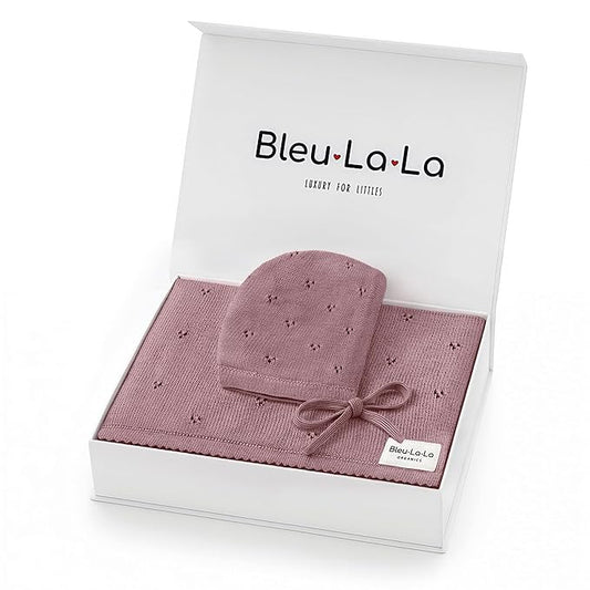 Bleu La La Baby Gift Set - Organic Cotton Newborn Blanket Essentials, Thoughtful Baby Shower & New Baby Gift for Boys & Girls (Pointelle - Sugar Plum)