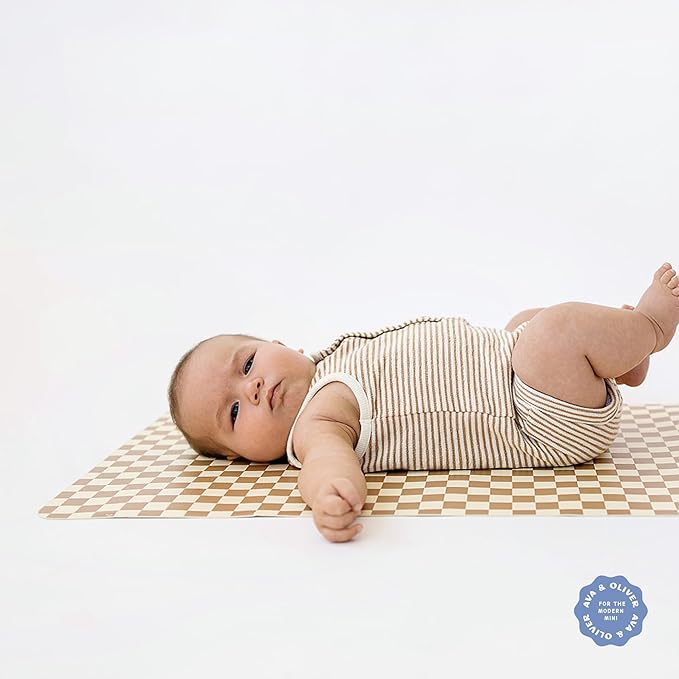 Ava + Oliver Vegan Leather Baby Changing Mat (16 X 30 in) - Multipurpose Wipeable and Portable Diaper Changing Pad - Foldable for Travel (Mocha Checker)