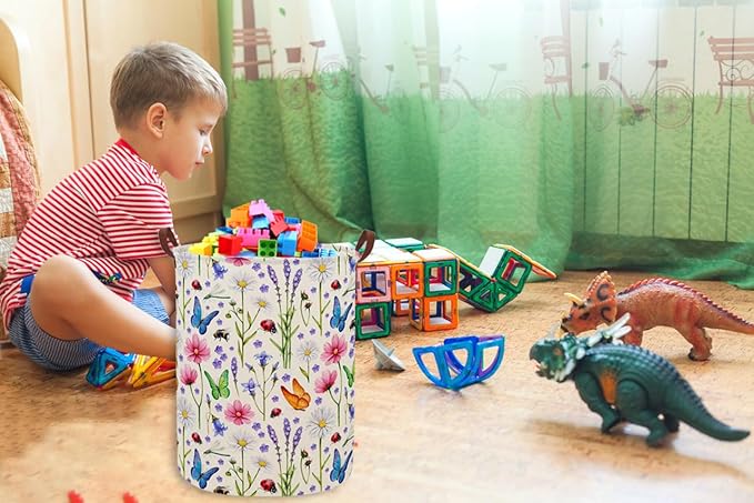 ESSME Kids Laundry Basket,Flower Hamper Collapsible Canvas Waterproof Storage Bin for Form, Nursery Hamper,Gift Baskets,toy bins(Flower cluster)