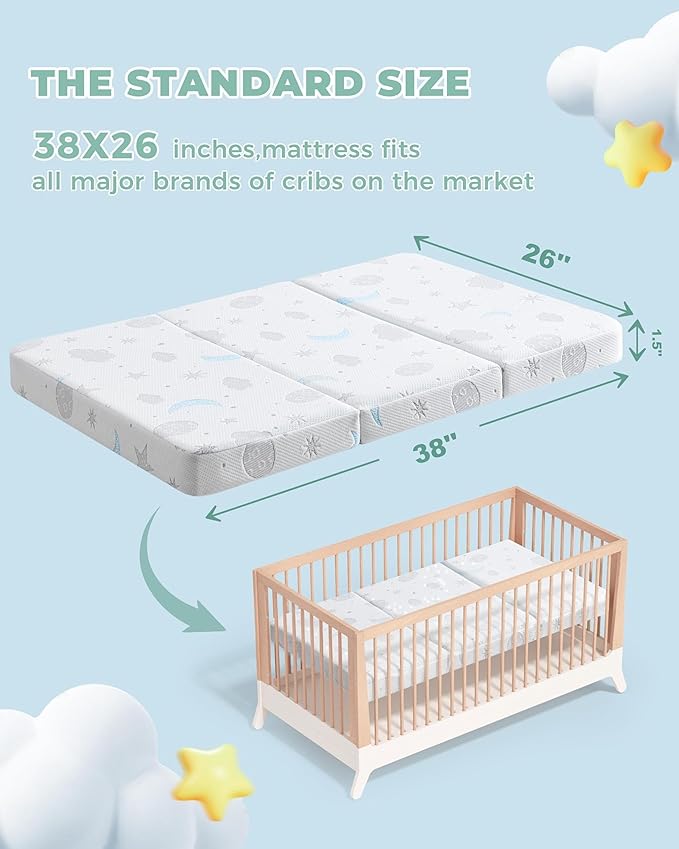 Trifold Pack and Play Mattress 38x26'' Breathable Soft Plush Memory Foam for Baby Toddler Travel Includes Carry Bag Removable Washable Cover Fits Play Pen Playard Pack n Play Mattress Pad