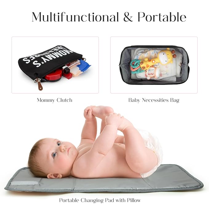 printe 6pcs Large Diaper Bag Tote with Changing Pad & 2 Organized Pouches, Mom's Bag for Hospital with Pacifier Case, Straps, Stroller Hook, Baby Diaper Bag for Weekender Travel