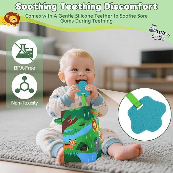 Baby Books Toys 0-12 Months with Teether,Tummy Time Crinkle Sensory Toys,High Contrast Touch & Feel Soft Book, Early Learning Infant Toys,Shower Gift for Boys Girls (Jungle Animal)