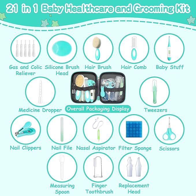 23 in 1 Baby Healthcare and Grooming Kit, Infant Safety Care Set Baby Nursery Kit with Gas Colic Passer Nasal Aspirator Nail Clipper Hair Brush Comb for Newborn Girls Boys (Green))