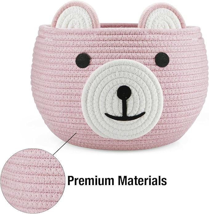 PandaEar Cotton Rope Baby Basket, Baby Gift Basket Nursery Laundry Organizer with Cute Bear Design for Storage Infant Newborn Essentials, Diaper Caddy with Handle (Pink)