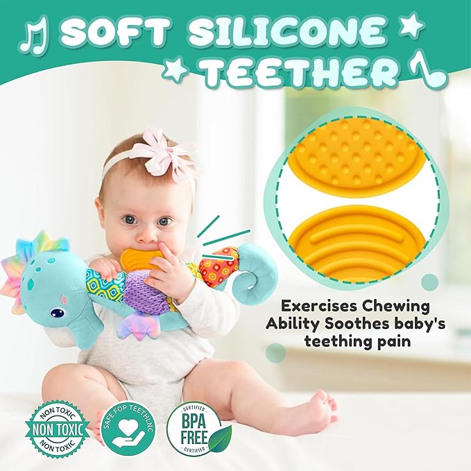 AWOTOY Baby Toys 0 to 12 Months, Musical Stuffed Animal Activity Soft Toys with Multi-Sensory Crinkle, Rattle and Textures, Infant Tummy Time Toys for Newborn Boys, Seahorse, Blue