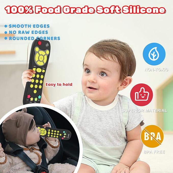 Baby Remote Control Toy, Realistic Toddler TV Remote Toy with Light Sound Kid Learning Education Musical Toys with English French Spanish Infant Gift for Boys Girls 6M+ (Black)