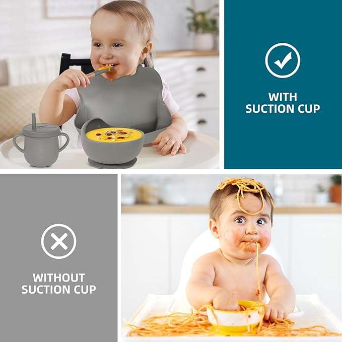 Dormlony 100% Silicone baby feeding set,BPA free Baby dishes set with Suction Bowl Divided Plate,Toddler Self Feeding Dish Set with Spoons Forks Sippy Cup And Bib, Baby Eating Utensils (Grey)