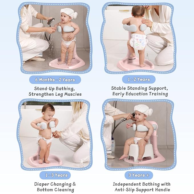 Foldable Baby Shower Stand, Toddler Bath Standing Support with Anti-Slip Base and Shower Holder, Adjustable 5 Levels Height, Ideal Gift for Infants 6-36 Months-Pink