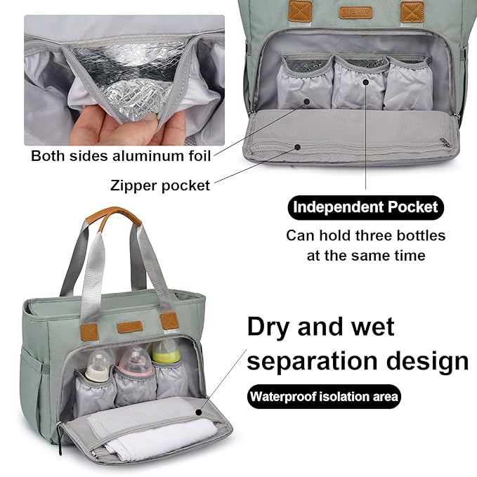Diaper Bag Tote, Large Tote Diaper Bag with 16" Laptop Compartment, Baby Bag with Insulated Pocket for Mam and Dad, Ideal for Travel, Work (Morandi Grey) | Dual stroller hooks, Working Parents, 3 Insulated Pocket