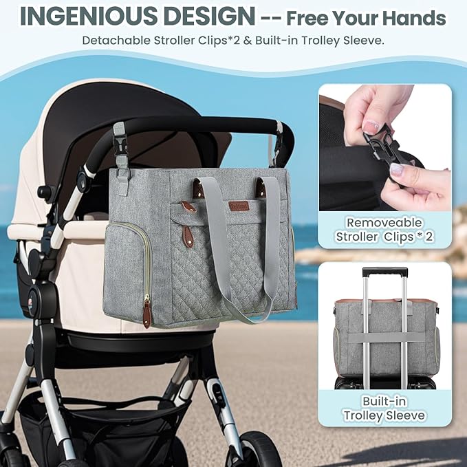 Diaper Bag Tote for Working Mom, Large Travel Diaper Tote for Mom and Dad with 14 Inch Laptop Sleeve, Mommy Maternity Travel Baby Bag for Boys and Girls, Grey