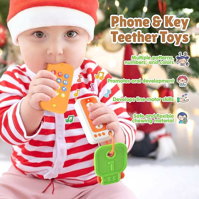 Baby Remote Control Toy with Phone Teether & Teething Keys & Car Remote, Remote Teether for Baby with Realistic Light and Sounds, Baby Musical Toys Gift for Boys Girls 6+ Months