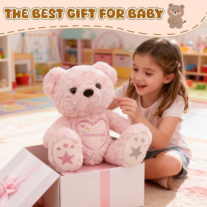 Custom Teddy Bear Stuffed Animal with Embroidered Name, Personalized Stuffed Animals for Babies, Bear Plush Toys for 3 Years Old Girl Gifts, Birthday Christmas for Baby Boys Girls Newborn(Bear)