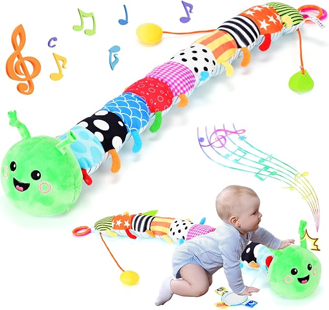 33in Plush Caterpillar Baby Sensory Toy 0-12 Months - Detachable Touch-Sensitive Music Box (30 Sounds), Baby Mirror, Crinkle Rattle & Teether - Perfect for Tummy Time, Car Seat Use - Ideal Newborn Sho
