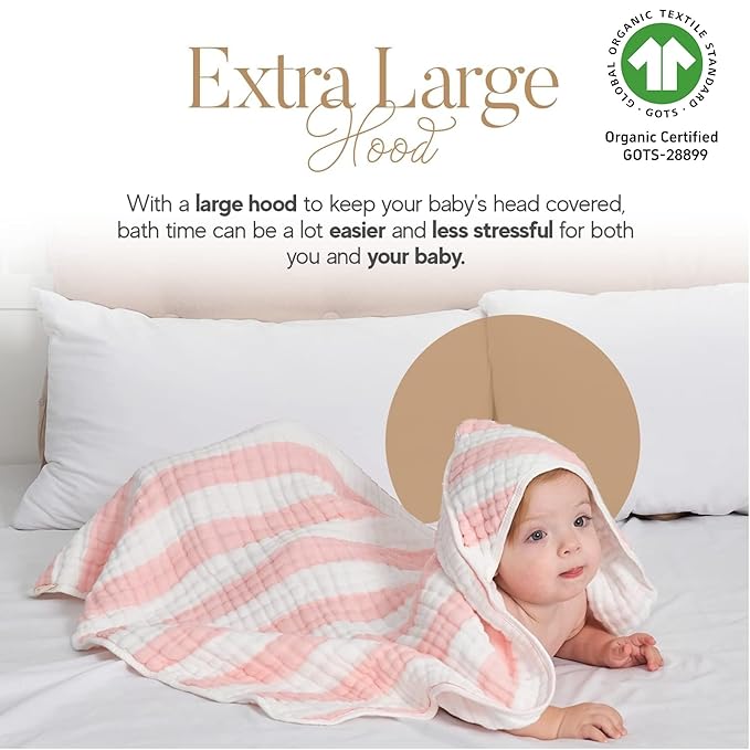 HardNok Muslin Hooded Baby Towel 4 Pack, 100% Organic Premium Cotton, (2) 6-Layer 32x32 Bath Towels & (2) Washcloths, Soft Newborn & Infant Gift Set (Pink Stripe & White)