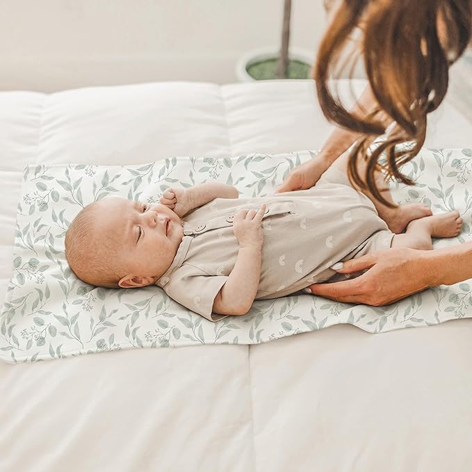 Konssy Faux Leather Baby Changing Mat, Waterproof, Wipeable & Portable Diaper Changing Pad for Travel or Home, Fits Perfectly in Diaper Bag, 30 x 17 inches (Green,Green Leaves)