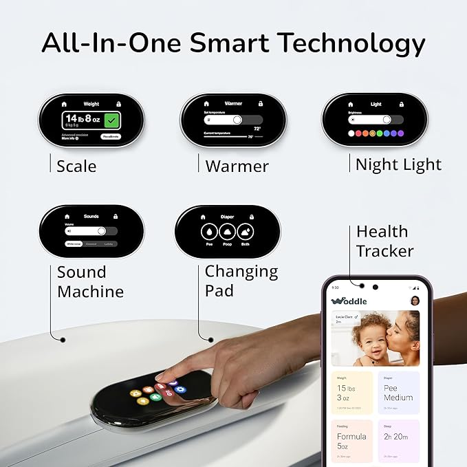 Woddle Multifunctional Smart Baby Changing Pad with Medical Grade Scale for Critical Weight Monitoring + AI App, Noise Machine, Warmer, Night Light, Touchscreen Tracker, All-in-One