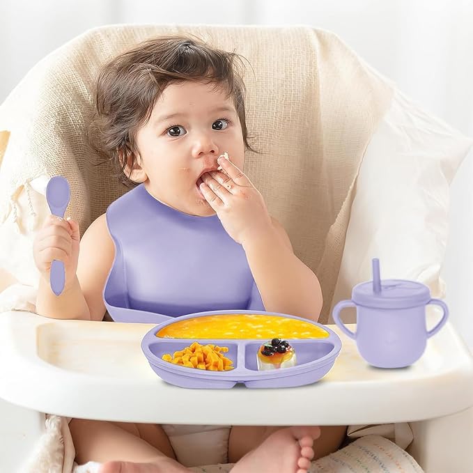Dormlony 100% Silicone Baby Feeding Set,BPA Free Baby Dishes Set with Suction Bowl Divided Plate,Toddler Self Feeding Dish Set with Spoons Forks Sippy Cup and Bib, Baby Eating Utensils(Purple)