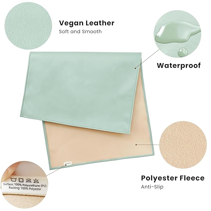 Konssy Faux Leather Baby Changing Mat, Waterproof, Wipeable & Portable Diaper Changing Pad for Travel or Home, Fits Perfectly in Diaper Bag, 30 x 17 inches (Green,Green Leaves)