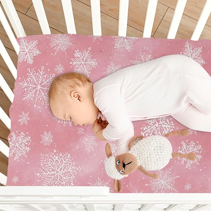 Pfrewn Christmas Crib Sheets for Boys Girls Pink Retro Snowflakes Fitted Crib Sheet for Mini Crib Mattress Stretch Soft Winter Pattern Toddler Baby Playard Sheet,39x27IN