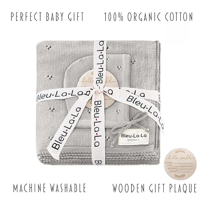 Bleu La La Baby Gift Set - Organic Cotton Newborn Blanket Essentials, Thoughtful Baby Shower & New Baby Gift for Boys & Girls (Pointelle - Dove Grey)