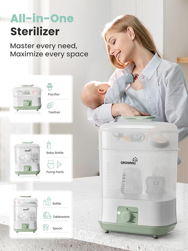 Grownsy Adjustable 4 in 1 Large Bottle Sterilizer and Dryer, 8 Bottles Capacity,Electric Steam Baby Bottle Sterilizer, Sanitizer for Baby Bottles & Pacifiers, Breast Pump Parts Green