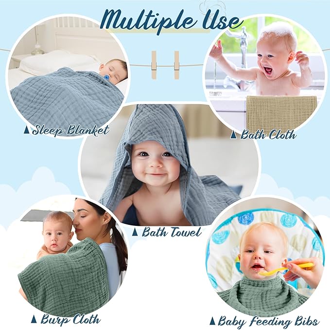 VitalCozy 8 Pcs Baby Muslin Hooded Bath Towels and Washcloths Muslin Cotton Hooded Baby Towels Absorbent Blankets for Gift Newborn Infant Shower (32 x 32 Inch,Pastel Color)