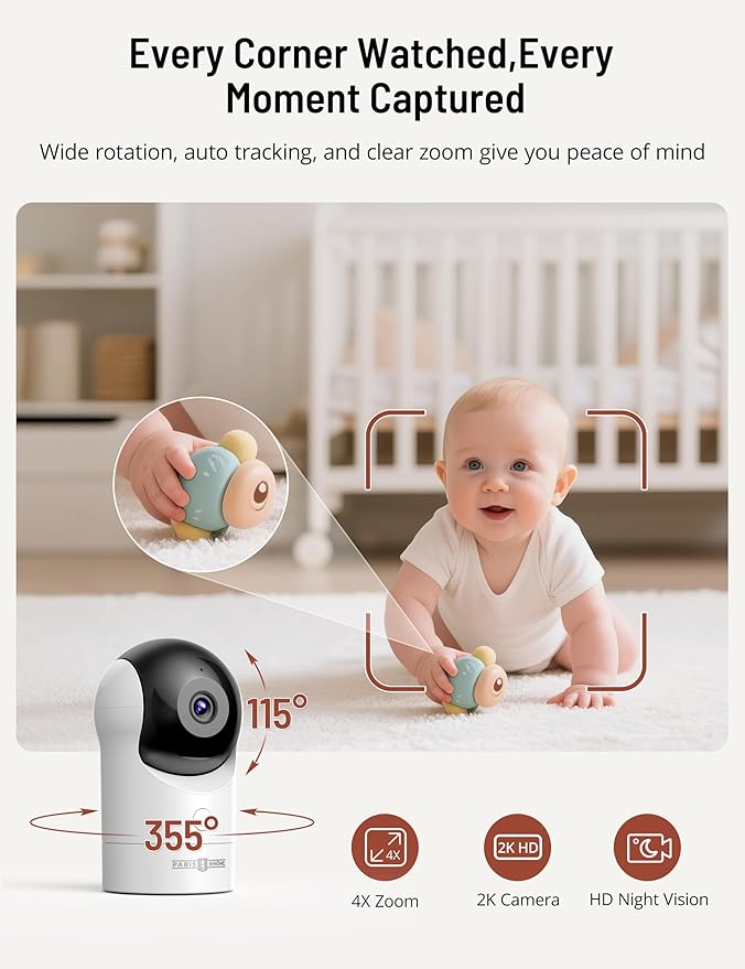 PARIS RHÔNE Video Baby Monitor, 2K UHD WiFi Camera, Night Vision, 5” Smart Baby Monitor with App Control, Motion and Cry Detection, AI Tracking, Three-Way Audio, RGB Night Light, Lullabies