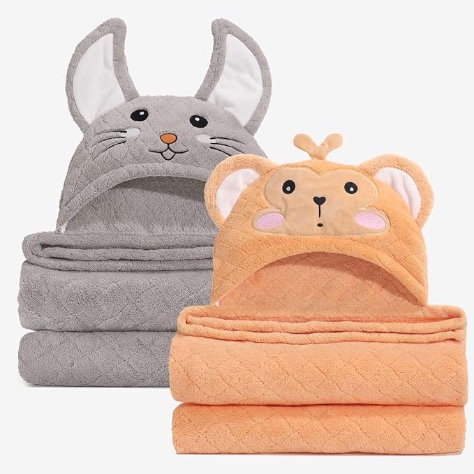 WODHOY Toddler Towels for Boy, 2 PCS 50"x32" Hooded Baby Towels Boy,Thick Absorbent Bath Towels for Kids, Coral Fleece Animal Kids Towel with Hood, Gray Mouse & Orange Monkey Set
