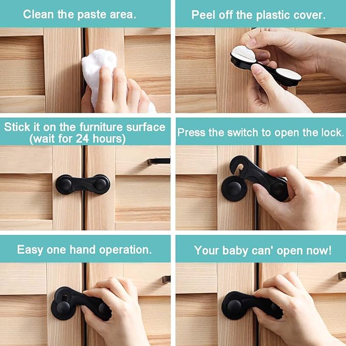 Child Safety Cabinet Locks (10 Pack) - Baby Proofing Latches Lock for Drawers, Toilet Seat, Fridge, Oven with 10 Extra 3M Adhesives (Black)