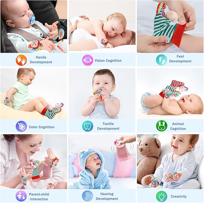 SSK Soft Baby Wrist Rattle Foot Finder Socks Set,Cotton and Plush Stuffed Infant Toys,Birthday Holiday Birth Present for Newborn Boy Girl 0/3/4/6/7/8/9/12/18 Months Kids Toddler,4 Cute Animals