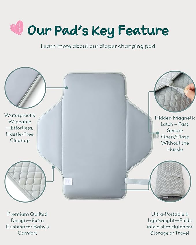 Lily Miles Baby Changing Pad Portable, Diaper Changing Mat with Magnetic Latches, Travel Pad for Diaper Bag, Baby Essentials, Wipeable & Waterproof Mat (Heather Gray, Large)